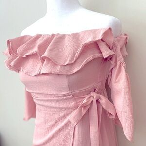 NWT Altar’d State Long Off-Shoulder Wrap Dress Maxi Powder Pink Crepe